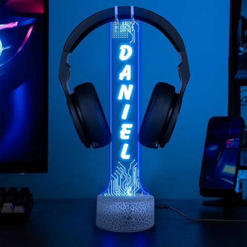 Personalized RGB LED Headphone Holder, Custom Gamertag Headset Holder with Light-Up Base, Streaming Setup Decor, Cool Xmas Gift for Gamers, Boyfriend or Him, Christmas Game Room Decor by GiantBigHands