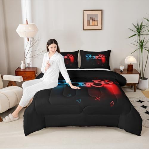 Erosebridal Gaming Comforter Set Twin Size for Boys Kids Game Room Decor Video Game Gamer Comforter Man Teens Bedroom Gamepad Bedding Set All Season,Black Blue Red - Image 4