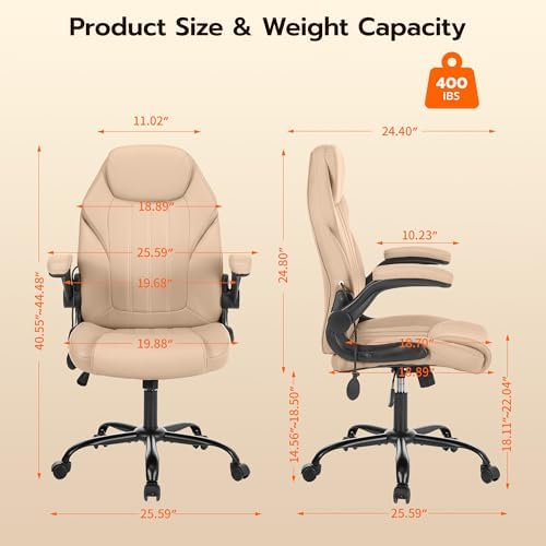 Ylzyxal Office Desk Chair, Ergonomic Computer Chair with Padded Flip-Up Arms and Adjustable Lumbar Support, PU Leather Executive Chair with Tilt Lock and 360° Swivel Rolling Wheels for Work, Study - Image 2