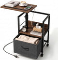 Faesun Swivel Lift Top Nightstand with Charging Station, Rolling Side Table for Recliner, Bedside Table with Wheels & a Fabric Drawer, for Small Spaces, for Bedroom, Living Room, Walnut Gray by Faesun