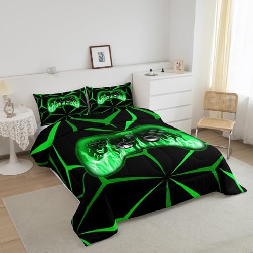 Feelyou Kids Gamer Comforter Set,3D Video Gaming Bedding Set King Size for Teens Boys,Green and Black Game Console Comforter,Geometric Game Contoller Bed Set All Season for Game Lovers - Image 2