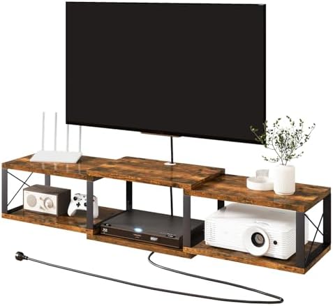 IBUYKE Floating TV Stand with Power Outlet,Wall-Mounted Floating Stand for TVs up to 55",Metal Entertainment Center,Wall Mounted TV Shelf with Storage for Living Room Bedroom,Rustic Brown UWST011H by IBUYKE