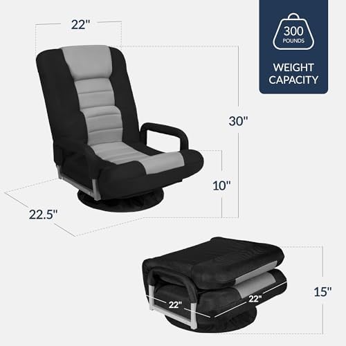 Best Choice Products Swivel Gaming Chair 360 Degree Multipurpose Floor Chair Rocker for TV, Reading, Playing Video Games w/Lumbar Support, Armrest Handles, Adjustable Foldable Backrest - Black/Gray - Image 3