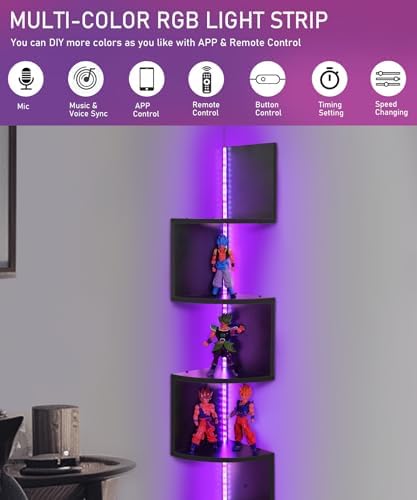 5 Tiers Corner Shelf with RGB LED Lights, 49.2" Wall Mount Floating Corner Display Shelf for Living Room Bedroom Home Office Decor, APP & Remote Control (Black) - Image 4