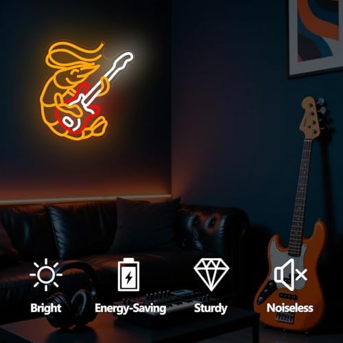 Shrimp Playing Guitar Neon Sign Dimmable Lobster Neon Lights Live Music Light Up Sign Guitar Shrimp Neon Wall Art for Seafood Restaurants Pub Music Room Decor - Image 2