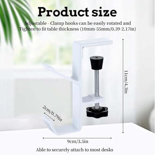 YUANQIAN Clamp-On Under Desk Headphone Holder Backpack Hook Students' Desk Hook with Adjustable Arm Clamp Women's Bag Handbag and Purse Holder -Suitable for Plate Between 1-5cm (3Pack White, 3) - Image 2