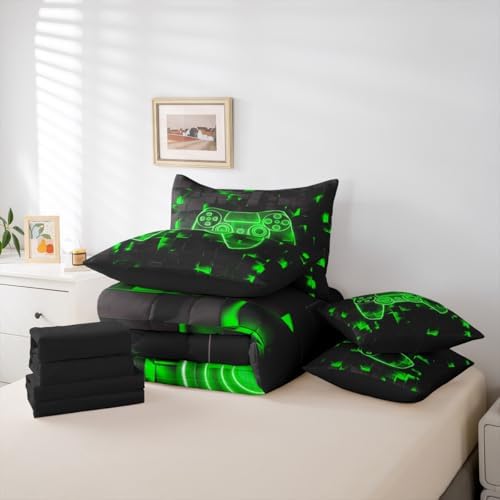 Erosebridal Full Gamer Bedding Set 7 Piece for Boys | Player Gaming Comforter Sets Game Controller Sheet Set Ombre Geometric Square Bed in A Bag for Kids Teens Men, Green Black - Image 5