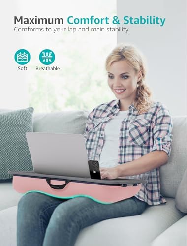 Istudyniture Lap Desk | Portable Laptop Desk & Stand – Fits Up to 17 inch – Washable Cushion, Built-in Phone Holder – for Bed, Couch, Sofa, Floor – Writing, Reading, Home Office – Large, Pink - Image 3