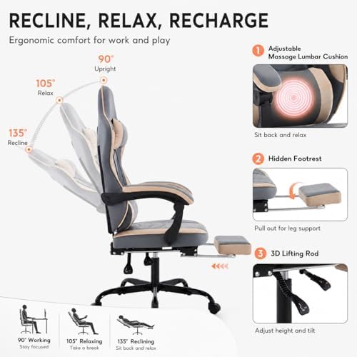Gaming Desk Chair for Adults, Ergonomic Gaming Chair (Beige+Blue) | with Footrest & Headrest and Lumbar Support, Leather Material Height Adjustable computer Video Game Chairs - Image 6