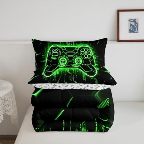 Feelyou Kids Green Gamer Comforter Set Queen Size, Honeycomb Gaming Bedding Set Boys Girls Modern Game Console Comforter Gamepad Teens Duvet Set Bedroom Decor Bed Set 3Pcs - Image 6