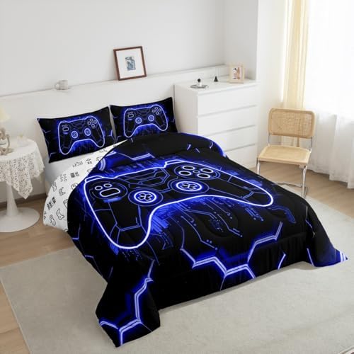 Feelyou Kids Blue Gamer Comforter Set Toddler Size, Honeycomb Gaming Comforter Boys Girls Modern Game Console Bedding Set Game Teens Duvet Set Bedroom Decor with 1 Pillow Case - Image 5