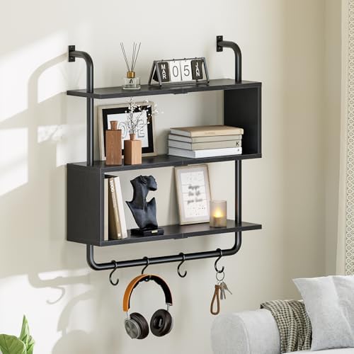 HOOBRO Floating Shelves with LED Lights, 29.5" LED Wall Mounted Gaming Shelf, 3-Tier Pipe Display Rack with Hanging Rod and 4 S-Hooks, for Storage Livingroom, Bedroom, Kitchen, Black BB21DBJ01 - Image 2
