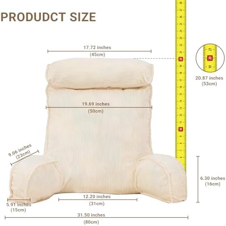Reading Pillow for Bed with Detachable Neck Roll and Shredded Memory Foam, Back Pillow with Arms for Sitting Up, Washable Bed Rest Pillow with Side Pocket for Gaming, Sofa, Dorm - Beige - Image 2