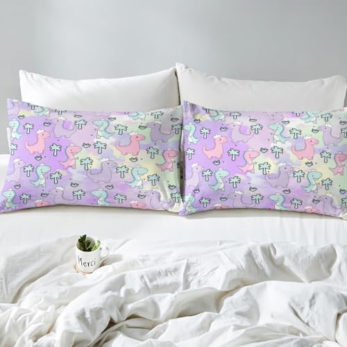Erosebridal Dinosaur Bed Sheets Full Size, Kawaii Dinosaur Bedding Sets for Kids Girls Boys Gift Bedroom Decor, Cartoon Cute Animals Flat Sheet,Palm Leaf Sheet Set, Green Purple Pink - Image 5