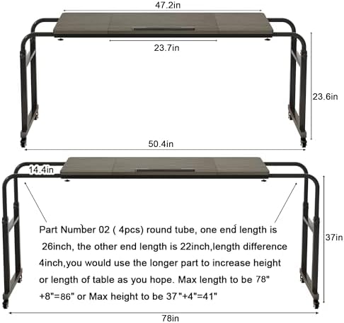 TigerDad Tilt Overbed Table with Wheels, Height Adjustable Rolling Desk for King Queen Bed, Tilting Laptop Cart Mobile Computer Workstation, Dekuwood - Image 6