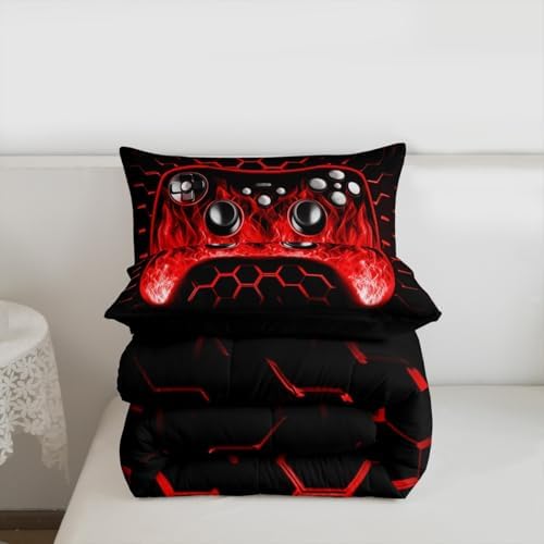 Erosebridal Ombre Art Honeycomb Game Consoles Comforter Set Red Neon Lights Gaming King Bedding Set Geometric Hexagon Beehive Duvet Set Gamer Room Decor for Boys - Image 7