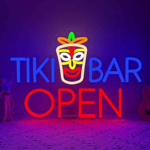 Tiki Bar Neon Sign, Tiki Bar Open Led Neon Light Signs for Wall Decor Hawaii Luau Party Outdoor Decorations for Pub Bistro Night Club Home Man Cave Gift Dimmable USB Powered Red(16.9"*11.4") by Unknown