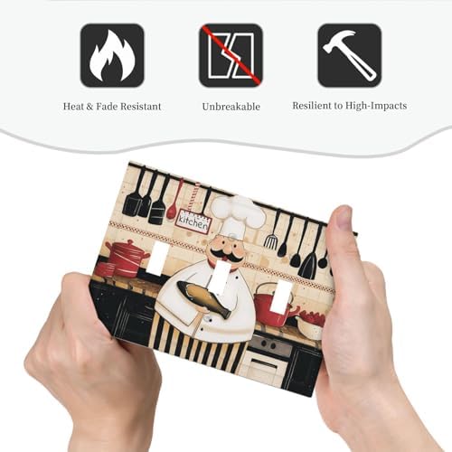 Decorative Light Switch Cover Plate Cartoon Fat Happy Chef Cook 3 Gang Wall Plate Triple Toggle Switch Plate Covers 3 Hole Electrical Switchplate Dimmer Faceplate for Farmhouse Kitchen Decor - Image 6