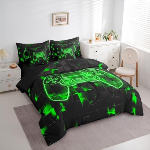 Erosebridal Full Gamer Bedding Set 7 Piece for Boys | Player Gaming Comforter Sets Game Controller Sheet Set Ombre Geometric Square Bed in A Bag for Kids Teens Men, Green Black - Image 3
