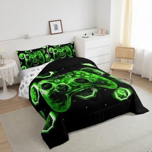 Feelyou Kids Green Gamer Bedding Set Full Size, Game Console Comforter Set Boys Girls Space Universe Gaming Comforter Gamepad Teens Duvet Set Bedroom Decor with 2 Pillow Case - Image 5