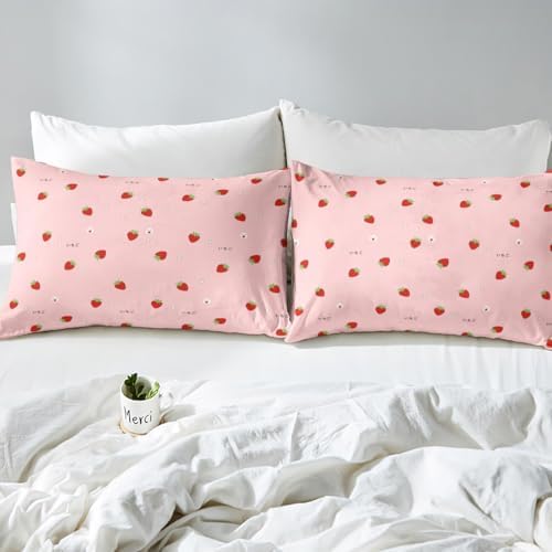 Girls Strawberry Bed Sheets Twin Kawaii Strawberry Sheet Set For Kids Room Decor Japanese Style Pink Cute Cartoon Fruit Food Theme Fitted Sheet Girly White Floral Flat Sheet With Deep Pocket - Image 5