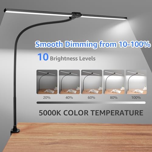 ShineTech LED Desk Lamp for Home Office, 5000K Bright Double Head Architect Task Lamps with Clamp, Dimmable Adjustable Flexible, Black - Image 2