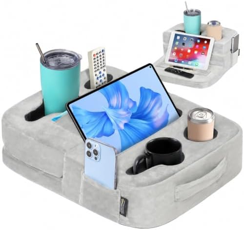 TabCouchCaddy - Couch Cup Holder Tray Pillow - Bed, Couch Caddy, Sofa, RV & Car - Holds Drinks, Snacks, Remotes, Phones, Kindle, Tablet | Bed Cup Holder (Grey) by TabCouchCaddy