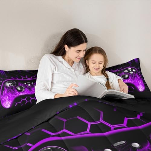 Erosebridal Honeycomb Gamer Kids Comforter Set Purple Neon Lights Game Console Toddler Bedding Sets for Boys Ombre Art Geometric Hexagon Beehive Duvet Set Gaming Decor for Boys Bedroom Decor - Image 3