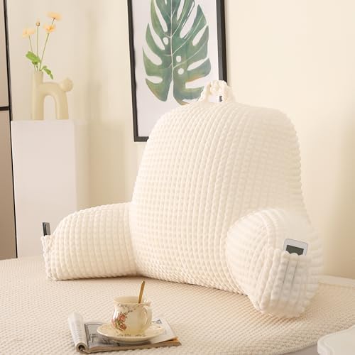 Reading Pillow with Arms for Bed Sitting,White Flannel | Large Supportive Backrest Helps Ease Neck,Shoulder & Arm Strain While Gaming Reading or Watching TV by PAJEO