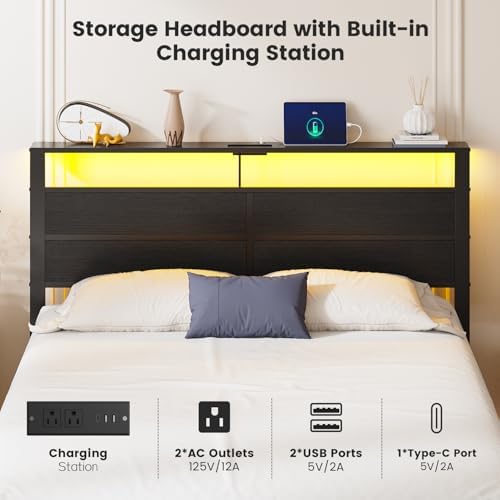 Queen Size Bed Frame with LED Lights and Charging Station Headboard - Image 5