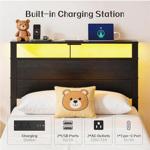 Black Twin Bed Frame with LED Lights and USB Charging Station, Modern Metal Platform Bed with Storage Headboard and Under-Bed Space, Noise Free, Sturdy Frame, No Box Spring Needed, Easy Assembly - Image 3