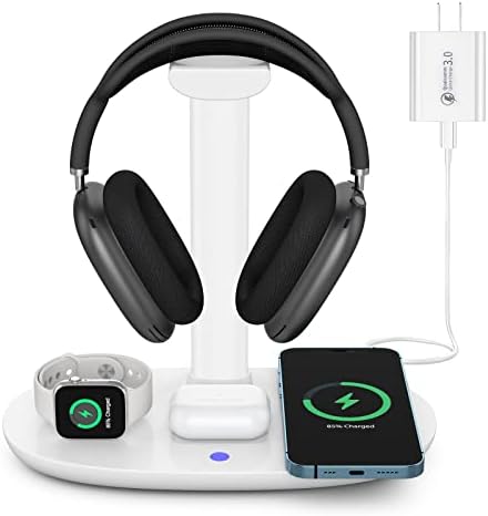 Headphone Stand with 15w Wireless Charger, Suguder 4 in 1 Charging Station Headset Holder for AirPods Max/Pro/4/3/2 iWatch 10/9/8/7/6/5/4/3/2/1/SE iPhone 17/16/15/14/13/12/11/X for Desktop Table Game by Suguder