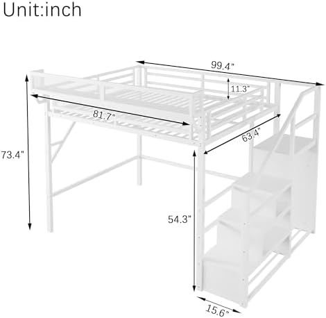 KEIKI Queen Size Metal Loft Bed Frame with Convertible Staircase, Built-in Storage Shelves and Wardrobe, Loft Bed with Solid Slats, Guardrail, No Box Spring Required, Easy Assembly, for Bedroom, White - Image 2