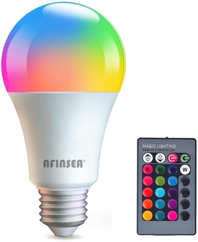 RGB Color Changing Light Bulbs,RGB LED Light Bulbs,9W Warm White 6500K,40W Equivalent,16 Color Multicolor A19 E27/E26 Dimmable Memory Function, for Home Decoration,Stage,Bar,Party by AFINSEA