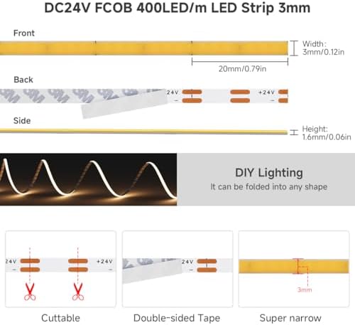BTF-LIGHTING 3mm Width Ultra Thin COB LED Strip Light Natural White 4000K - Image 4