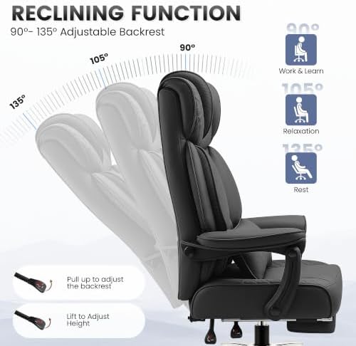 BestGlory Office Desk Chair, Big and Tall Leather Gaming Chair with Footrest, Ergonomic Comfy Executive High-Back Reclining Computer Chairs, Wide Swivel Rolling Wheels and Padded Lumbar Support, Black - Image 6