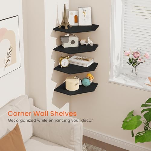 Homode Corner Floating Shelves, Corner Shelves Wall Mounted with Cord Hole, 4 Tier Diamond Shape Corner Hanging Shelving for Wall Storage, for Cable Box, TV Cords, Books, Plants, Black - Image 4