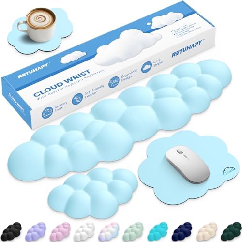 Cloud Wrist Rest Keyboard Cushion and Cloud Mouse Pad, Blue | 4-in-1 Ergonomic Cloud Keyboard Wrist Rest Set, Memory Foam, Arm Support for Palm, Cute Desk Accessory for PC Gaming Setup by Unknown