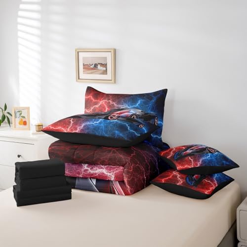 Feelyou Race Car Bedding Set 7 Piece Boys Girls Red and Blue Speed Sports Car King Comforter Set with Sheets for Kids Extreme Sports Bed in a Bag Lightning Theme Bed Set Room Decor - Image 6