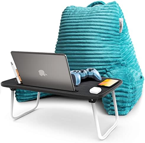 Nestl Teal Reading Pillow with Bed Desk for Laptop and Writing, Luxe Cut Plush Back Pillow for Sitting Up, Back and Arms Adjustable Support for Adult and Teens, Foldable Lap Desk for Bed 22x14” by Nestl