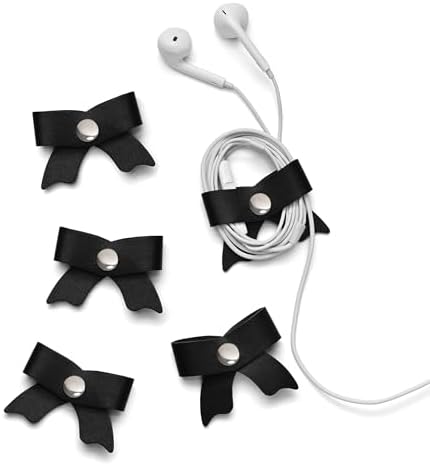 SenseAGE 5 Pack Cord Organizer, Bow Cord Keeper, Cable Organizer USB Holder, Leather Cable Management, Cable Straps, Earphone Winder, Storage Straps for Electronics, Earbuds, Small, Black by SenseAGE