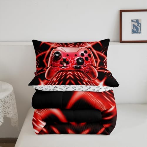 Feelyou Gamer Bedding Set Toddler Size Kids Gaming Comforter Set for Boys Girls Teens Game Room Decor Red Black Geometric Game Controller Duvet Quilt - Image 3