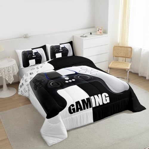 Feelyou Kids Video Games Comforter Set Gaming Reversible Bedding Set for Child Boys Girls Gamepad Comforter Modern Gamer Action Buttons White Black Design Quilt Set Bedroom Collection 3Pcs Full Size - Image 2