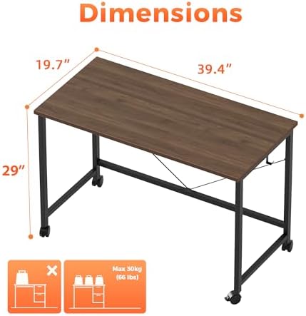 Mericonia 39x20 Inch Computer Desk with Wheels, Small Simple Rolling Desk - Image 2
