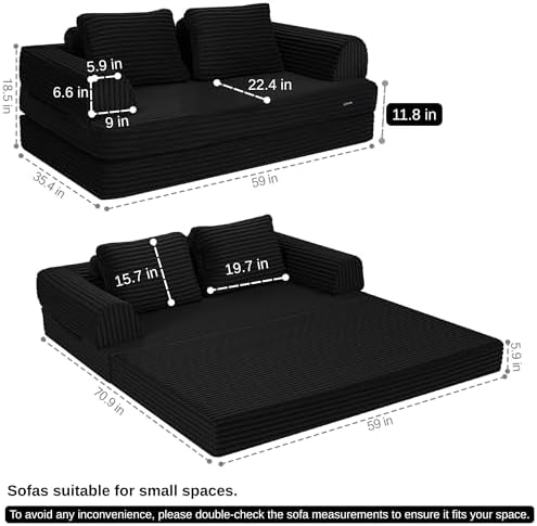 COMAX Convertible Sofa Bed, Folding Floor Couch Corduroy Fold Out Couch Bed Futon Sleeper Mattress with Pillows, Boneless Sofa Comfy Lounge Loveseat for Living Room Bedroom, Plush Black - Image 2