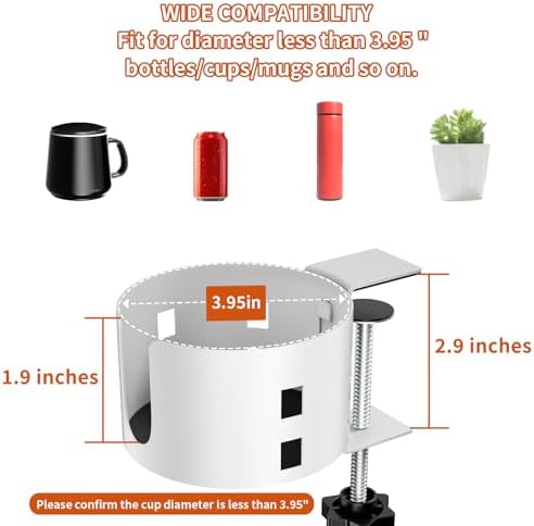 Upgraded Large Desk Cup Holder Clamp, Anti-Spill Cup Holder for Table, Durable 5 Adjustable Directions, Metal Office & PC Gaming Desk Accessories, Enough to Hold Coffee Cups, Water Bottles, White - Image 6
