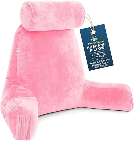 Husband Pillow Medium Reading Pillow with Arms - 23" Backrest for Sitting Up in Bed - Firm Support Bed Rest Pillow for Adults, Neck Roll, Removable Cover - TV, Reading, Lounging - Pink by HusbandPillow