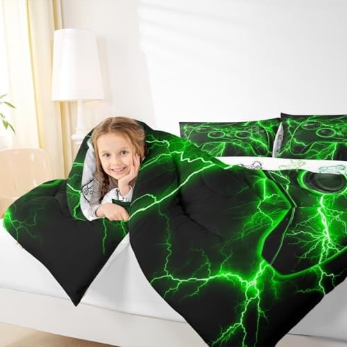 Erosebridal Gamer Comforter Set Gaming Twin Bedding Sets for Girls, Video Game Console Comforter Green Lightning Quilt,Boys Bedroom Decor - Image 5