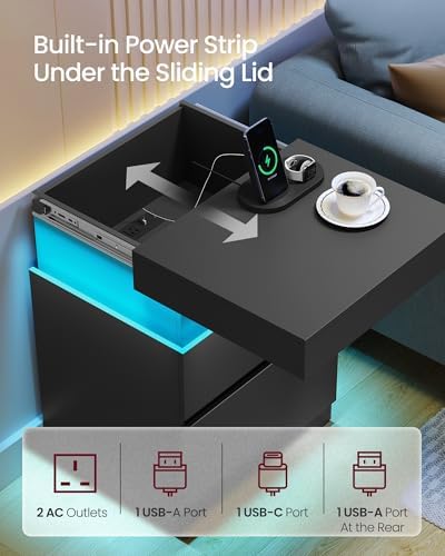 VASAGLE Black Nightstands, Charging Station, LED Lights,2 Drawers - Image 4