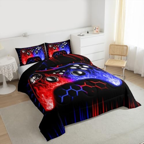 Erosebridal Ombre Art Honeycomb Gaming Consoles Bedding Set Red Blue Neon Lights Game Consoles Toddler Bedding Sets for Boys Geometry Hexagon Beehive Duvet Insert Gamer Room Decor for Boys - Image 2